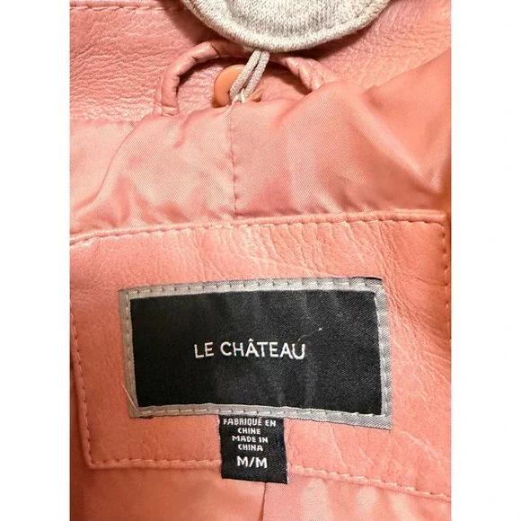Vintage Le Chateau Medium Pink Faux Leather Moto Jacket w/ Grey Hoodie - Picture 10 of 11
